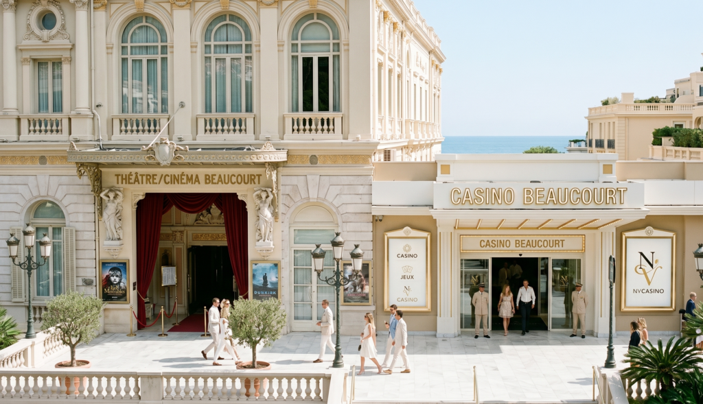 Entrée du casino de luxe Beaucourt jouxtant un théâtre classique avec des passants en tenue blanche élégante