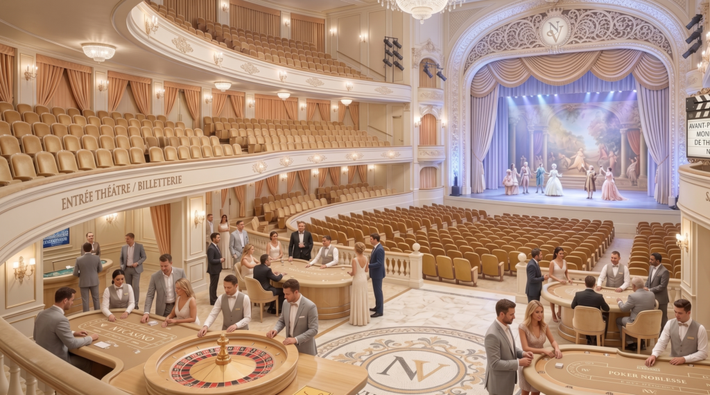 Intérieur lumineux et élégant d'un théâtre classique aux tons beiges et dorés, aménagé en salle de jeux NVCasino avec tables de roulette